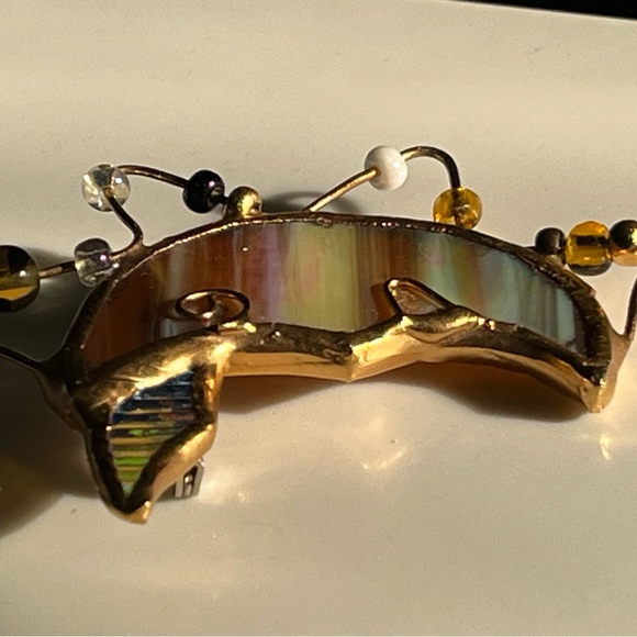 Very cool pink/green/blue/gold color pin.  Beads hanging from moon shaped pin. - Picture 5 of 7